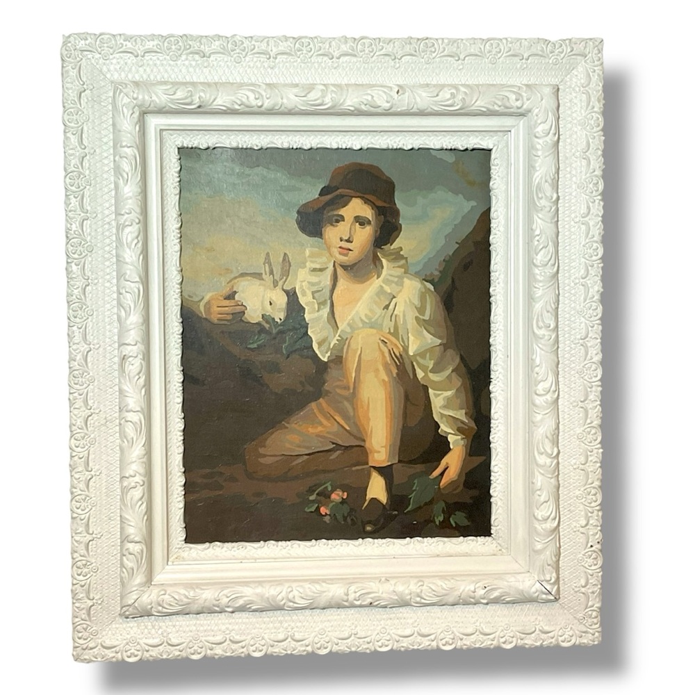 Antique Victorian Picture Frame‎ Carved Wood Painting Boy Rabbit Paint By Number
